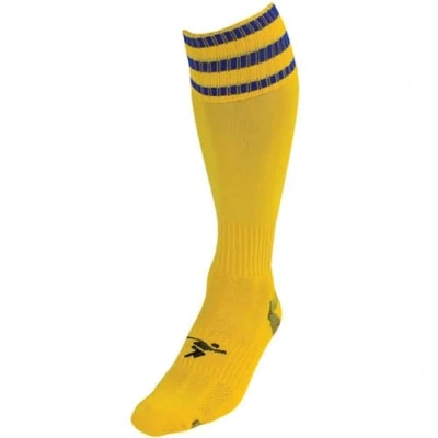 Image of Loops ADULT Size 7 11 Pro 3 Stripe Football Socks YELLOW/ROYAL BLUE Contoured Ankle