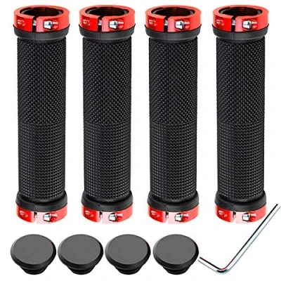 Image of QitinDasen 2 Pairs Bike Handlebar Grips, Non Slip Rubber Bicycle Handle Grips with Aluminum Double Lock, Protector for MTB BMX (Red)
