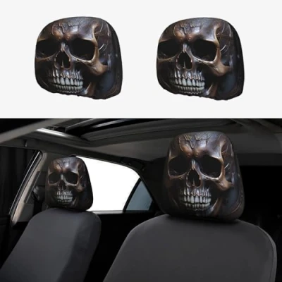 Image of BROLEO copper colored skull Prints Car Headrest Cover 2 piece set Interior Accessories Decoration Fit Cars Vans Trucks Universal Seat