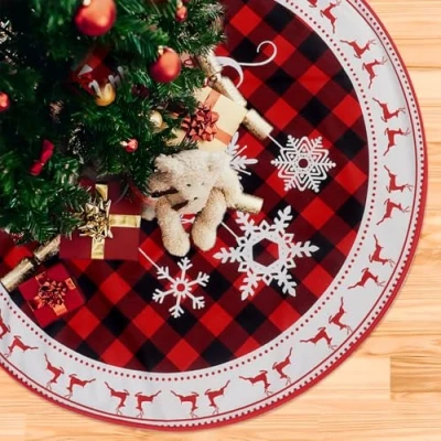 Image of 90CM Christmas Tree Skirt，Xmas Skirts Mat,Red Skirt with Snowflake and Reindeer, Xmas Mat Decoration Red，Red Base Cover