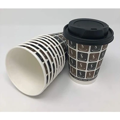 Image of Disposable paper coffee cups and lids, set of 50, 237 ml, 355 ml or 473 8 oz