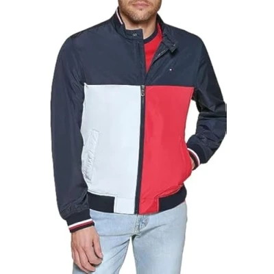 Image of Tommy Hilfiger Men&#039;s Lightweight Varsity Rib Knit Bomber Jacket Shell, Midnight/Ice/Red, S