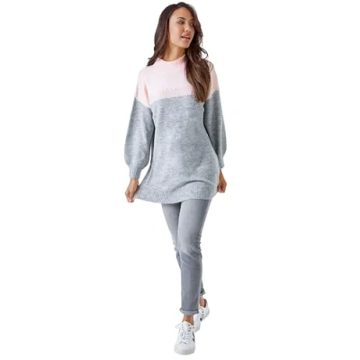Image of Roman Originals Colourblock Embellished Longline Jumper for Women UK Ladies Autumn Everyday Winter Holiday Funnel Neckline Comfy Long Sleeve Soft Top Warm Sweaters Pink Size 16