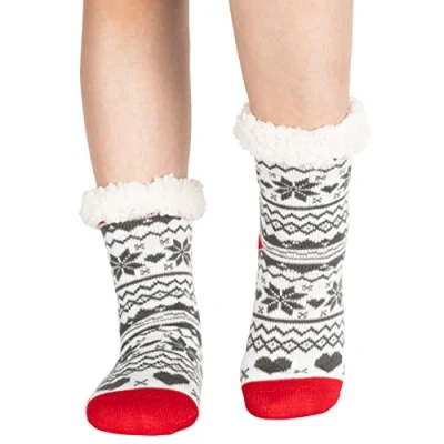 Image of Polar Womens Slipper Socks Soft Fleece Lined With Sole Grips Gift Packaging Snuggly Present For Her Insulated Warm Fluffy Sherpa Lining Thermal Hearts Red UK 5/6