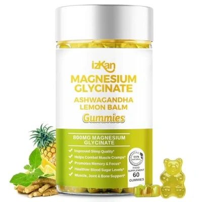 Image of Magnesium Glycinate Gummies 800mg Sugar Free Supplement with Ashwagandha, Lemon Balm Extract &amp; CoQ10 for Calm Mood Muscle, Sleep Support 60 (Pineapple Flavor) (1)