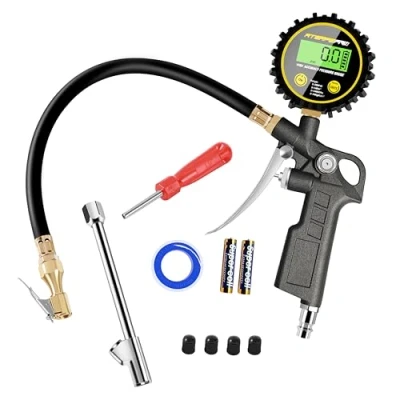 Image of Digital Tyre Inflator Pressure Gauge UK, ATsafepro Heavy Duty Air Tool 200 PSI with Rubber Hose and Quick Connect Coupler Chuck Compressor Accessories