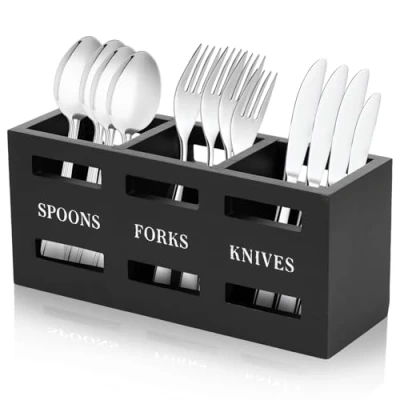 Image of NIHUIFDPY Kitchen Utensil Holder, 3 Compartments Wooden Silverware Caddy, Farmhouse Organizer Cooking Tools Storage for Forks Spoons Countertop Decor(black)