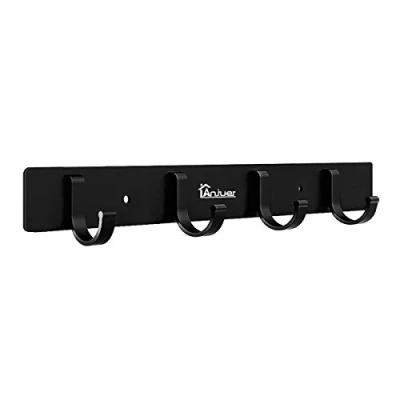Image of Anjuer Coat Clothes Hanger Rack 4 Hooks Bedroom Kitchen Wall Mounted Towels Hats Robes Keys Handbags Accessories, Brushed Finish Black