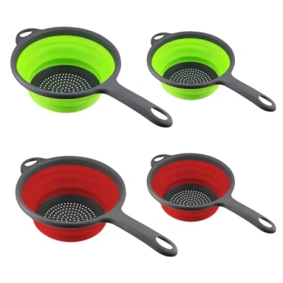 Image of 4 PCS Collapsible Colander with Handle, Silicone Drain Basket, Red &amp; Gree Two Sizes, for Draining Pasta, Fruit, Vegetable, Noodle
