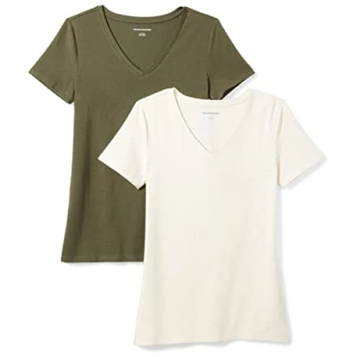 Image of Amazon Essentials Women&#039;s Classic Fit Short Sleeve V Neck T Shirt, Pack of 2, Olive/Oatmeal Heather, XS
