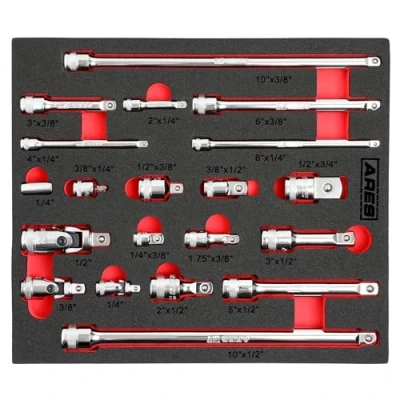 Image of ARES 40003 20 Piece Socket Accessory Set Premium Chrome Vanadium Steel with Mirror Finish Includes Adapters, Extensions and Universal Joints