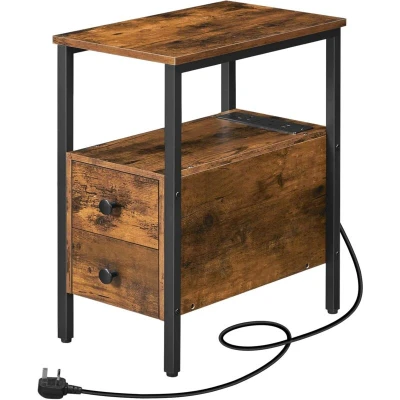 Image of HOOBRO Side Table, Narrow Bedside Table with Charging Station, USB Ports and Power Outlets, Slim for Small Spaces, 2 Drawers, Industrial Nightstand, Rustic Brown Black EBF548KBZ01G1