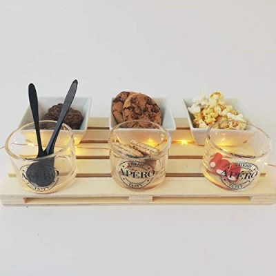 Image of 10 Piece Starter Set with Wooden Tray, Glass Cups, Ceramic Bowls and Spoon, Serving