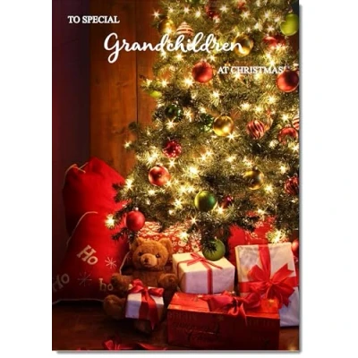 Image of doodlecards Grandchildren Christmas Card Teddy by Tree Medium Size for with Plain Envelope