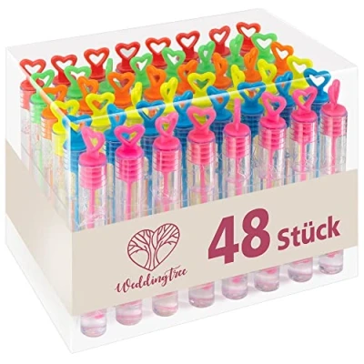 Image of WeddingTree 48 soap Bubbles in Rainbow Colores with Heart grip Perfect for Wedding, Birthday, Valentine&#039;s Day or as a Gift