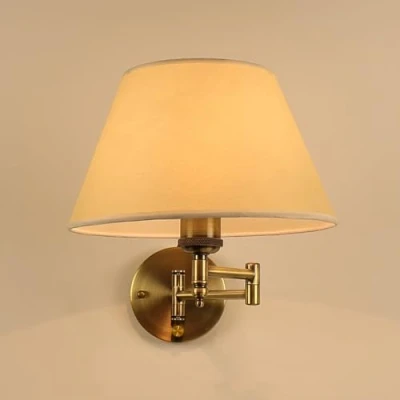 Image of RXPVUXE Antique Gold Swing Arm Wall Sconce Vintage Dimming Light Imitation Parchment PVC Fabric Shade, Brushed Brass Finish Farmhouse Lighting Adjustable Mount Reading Lamp, E27