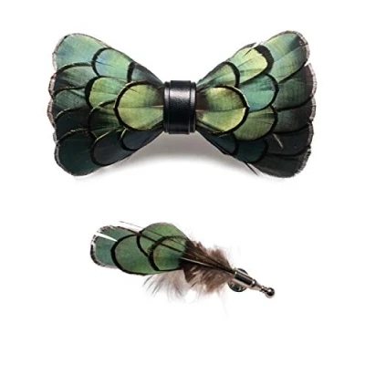 Image of JEMYGINS Green Feather Bow tie Leather and Brooch Sets for Men(10)