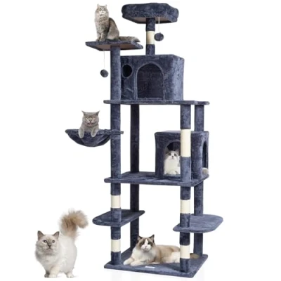 Image of VEVOR Cat Tree for Indoor Cats, 68.5&quot; Tower with 2 Condos, Sisal Scratching Post, Hammock, Top Perch, Jumping Platforms, Large Furniture Activity Center Hang Ball, Light Grey
