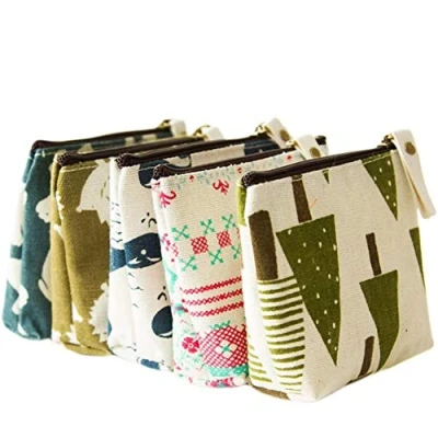 Image of 5 pcs Mini Canvas Coin Purse Small Zip Women Wallet Bag Pouch Holder Cute Storage for Credit Card, ID Keys, Headset, Lipstick, Pencil