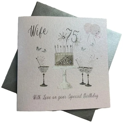 Image of WHITE COTTON CARDS Happy 75th Birthday Card Wife Champagne Glasses Pink &amp; Gold Sparkly Cake SS42 W75