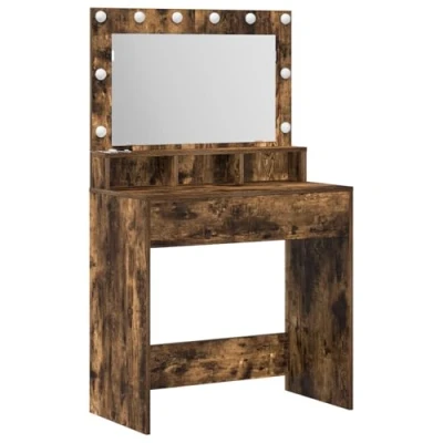 Image of vidaXL smoked oak dressing table vanity mirror with storage drawers &amp; warm lights, 79x41 cm, bedroom/grooming station