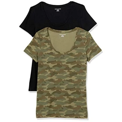 Image of Amazon Essentials Women&#039;s Classic Fit Short Sleeve Scoop Neck T Shirt (Available in Plus Size), Pack of 2, Black/Green Camo, S
