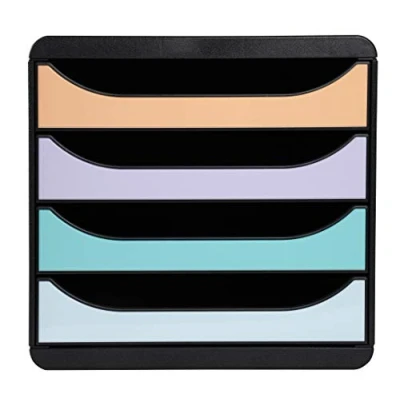 Image of Exacompta Ref 3104296D BIG BOX Desktop Drawer Set 4 x 55mm Drawers, Suitable for A4+ Documents, 347 278 267mm, 100% Recycled Plastic Black/Glossy Pastel