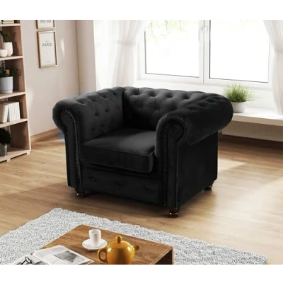 Image of MK Sofas Chesterfield Armchairs Modern &amp; Traditional Single Seater for Living Room, Lounge, and Office Black Plush Velour Fabric Style Wingback Armchair