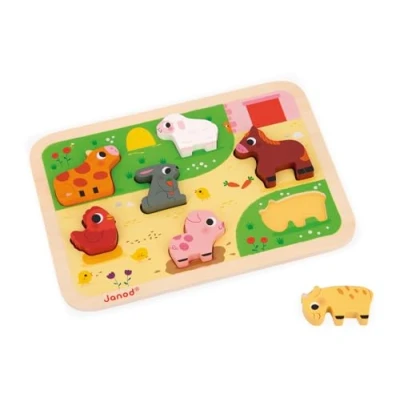 Image of Janod “At The Farm Chunky Puzzle FSC Wood 7 Pieces Develops Fine Motor Skills, Concentration and Imagination 18 Months +, J07121
