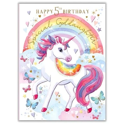 Image of Goddaughter 5th Birthday Card Special Age 5 Pretty Unicorn and Rainbow Made in the UK Eco Friendly