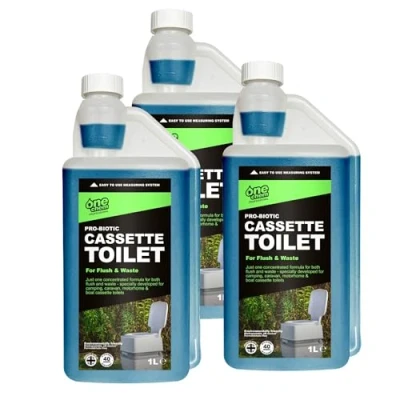 Image of One Chem Professional Probiotic Cassette Toilet 3 x 1 Litre Concentrate, Up to 40 Doses, 2 in Blue Fluid, Flush and Waste