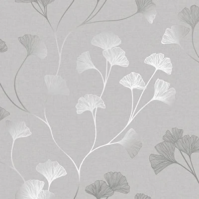 Image of Holden Decor 12700 Glistening Gingko Grey Silver Paper Wallpaper, Grey/Silver, Full Roll