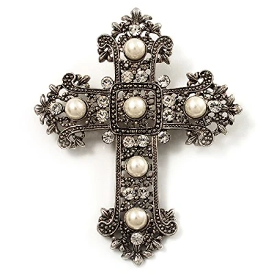 Image of Avalaya Large Victorian Filigree Imitation Pearl Crystal Cross Brooch (Antique Silver)