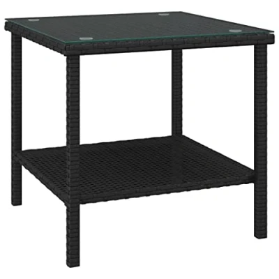 Image of vidaXL Side Table with Powder coated Steel Frame, PE Rattan, Tempered Glass Top, Indoor &amp; Outdoor Use, Black, 45x45x45 cm