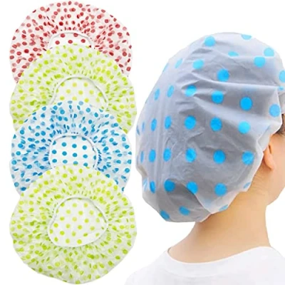 Image of 4 Pack Shower Caps for Women, Plastic Caps,Waterproof Reusable Hats Elastic Hair Bath Ladies Spa Salon