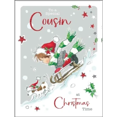 Image of Cousin Christmas Card for Him Special Boy and Dog Sledging in the Snow Artistic Festive Design Finishes Illustrated Insert Leaf Made UK