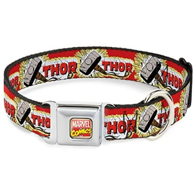 Image of Buckle Down Dog Collar Seatbelt Thor Hammer Red Yellow White 15 to 26 Inches 1.0 Inch Wide (DC WTH005 L)