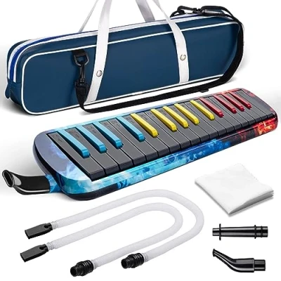 Image of CAHAYA Melodica Music Instrument 32 Key Portable with Double Plastic Flexible Long Pipe, Short Mouthpieces and Carrying Bag, Iridescent Black CY0347