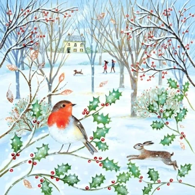 Image of Macmillan Charity Christmas Cards Pack of 5 Robin, Hare and Woodland Artistic Festive Forest Scene by Lucy Grossmith Made in the UK Eco Friendly