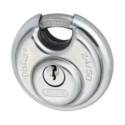 Image of Diskus padlock 24IB/50 made of stainless steel with 360 all round protection for against severe weather conditions 20317 ABUS security level 7 silver/blue