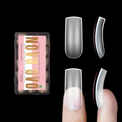 Image of NOVO OVO Medium Slightly Curved Nail Tips Press on Full Cover, Thick Square Eagle Claw Hawk Curve Gel x Short Acrylic Fake Nails Extension kit, Clear Pre etched Soft French False 15 Sizes 240pcs