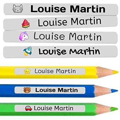 Image of 200 Personalised Sticky Labels for Pencils and Ballpoint Pens School Stickers with Name Marking Items Waterproof Nursery Dimensions 4.6 x 0.6 cm