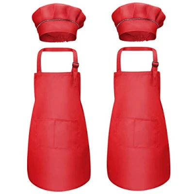 Image of Disino 4 Pcs Red Kids Apron and Chef Hat Set, Boys Girls Adjustable Aprons with 2 Pockets, Children Toddler Kitchen Garden Bib for Cooking Crafting Painting Baking (7 13 Year)