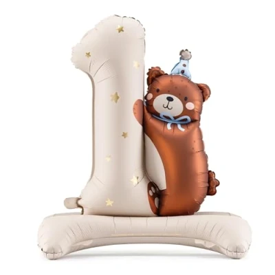 Image of Teddy Bear and Number One Foil Balloons Set for 1st Birthday Party