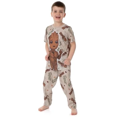 Image of Marvel Guardians of the Galaxy Kids Pyjama Set Short Sleeve T Shirt with Cuffed Bottom Trousers Pjs for Boys &amp; Girls I Am Groot Brown All Over Tree Print Movie Loungewear Gift Children