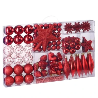 Image of CASARIA® 102 Pcs Christmas Tree Decorations Festive Indoor Outdoor Hanging Ornaments Baubles, Santa Boots, Pine Cones, Chains &amp; Stars Holiday Decs Classic Red