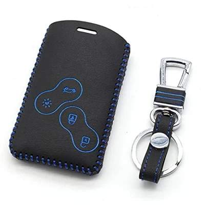 Image of Happyit Leather Car Key Cover Cases Keychain for Renault Clio Scenic Megane Duster Sandero Captur Twingo koleos 4 Buttons Remote Control (Blue)