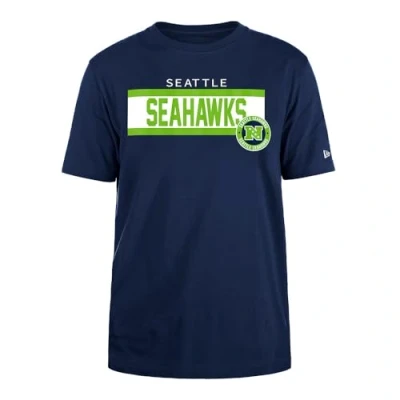 Image of SEATTLE SEAHAWKS New Era Cap NFL Regular T Shirt High Density Ink Screenprint Front Graphic Original Team Color Unisex Navy