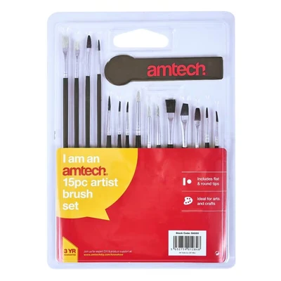 Image of Amtech S4000 Artist Paint Brush Set for Acrylic, Oil, Model, Kids and Canvas Painting, 15 Assorted sizes Fine Art Enthusiasts, Hobbyists, Ceramic Crafts