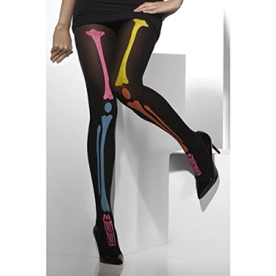 Image of Smiffys Opaque Tights, Black Neon Skeleton Print, Fever Hosiery Fancy Dress, Halloween Dress Up Accessories